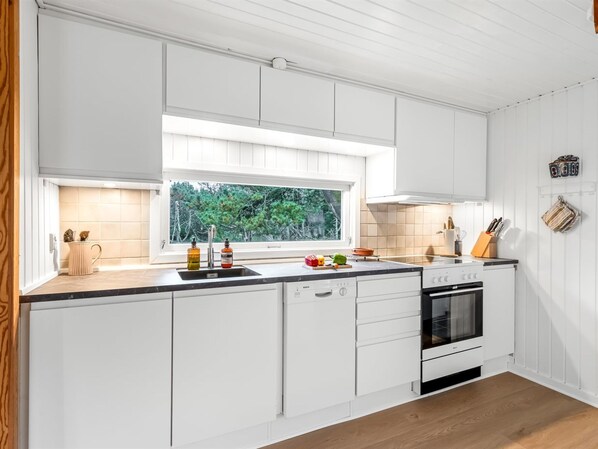 Fridge, oven, dishwasher, cookware/dishes/utensils