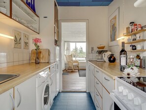 Fridge, oven, highchair, cookware/dishes/utensils