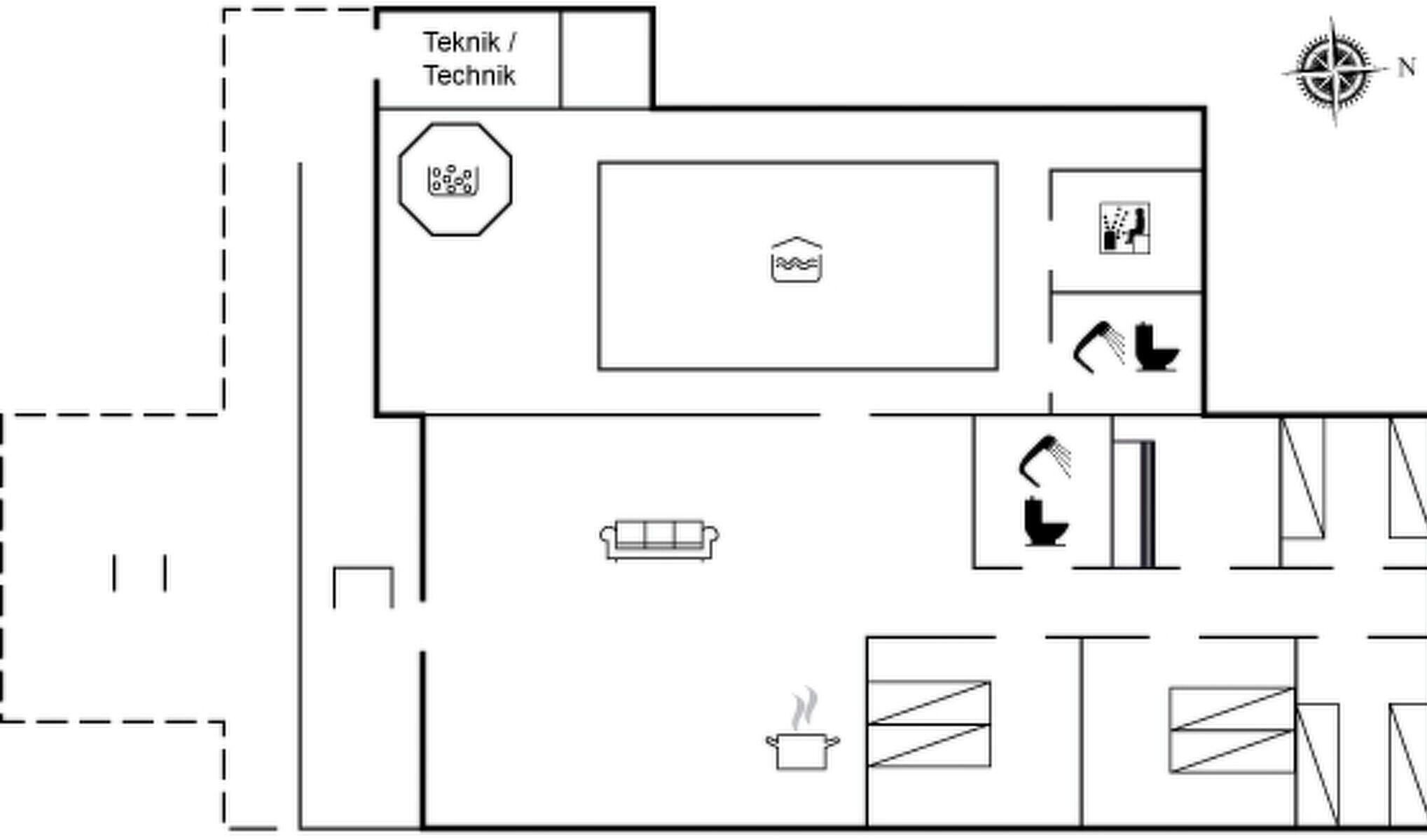 Layout de um hotel com cozinha compacta, sala de jantar, sala de estar com sofá e cozinha com fogão.