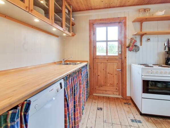 Fridge, oven, dishwasher, cookware/dishes/utensils