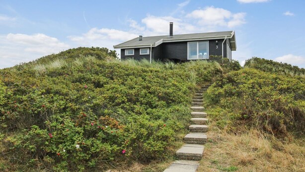 Ein modernes Haus auf einem Hügel mit einer Steintreppe, die nach oben führt.