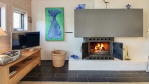 Una sala de estar moderna con un televisor de pantalla plana, una chimenea y un cuadro en la pared.