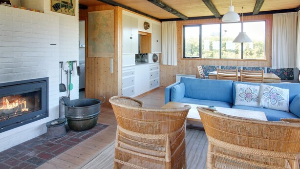Una sala de estar acogedora con chimenea, muebles de mimbre y vistas al exterior.
