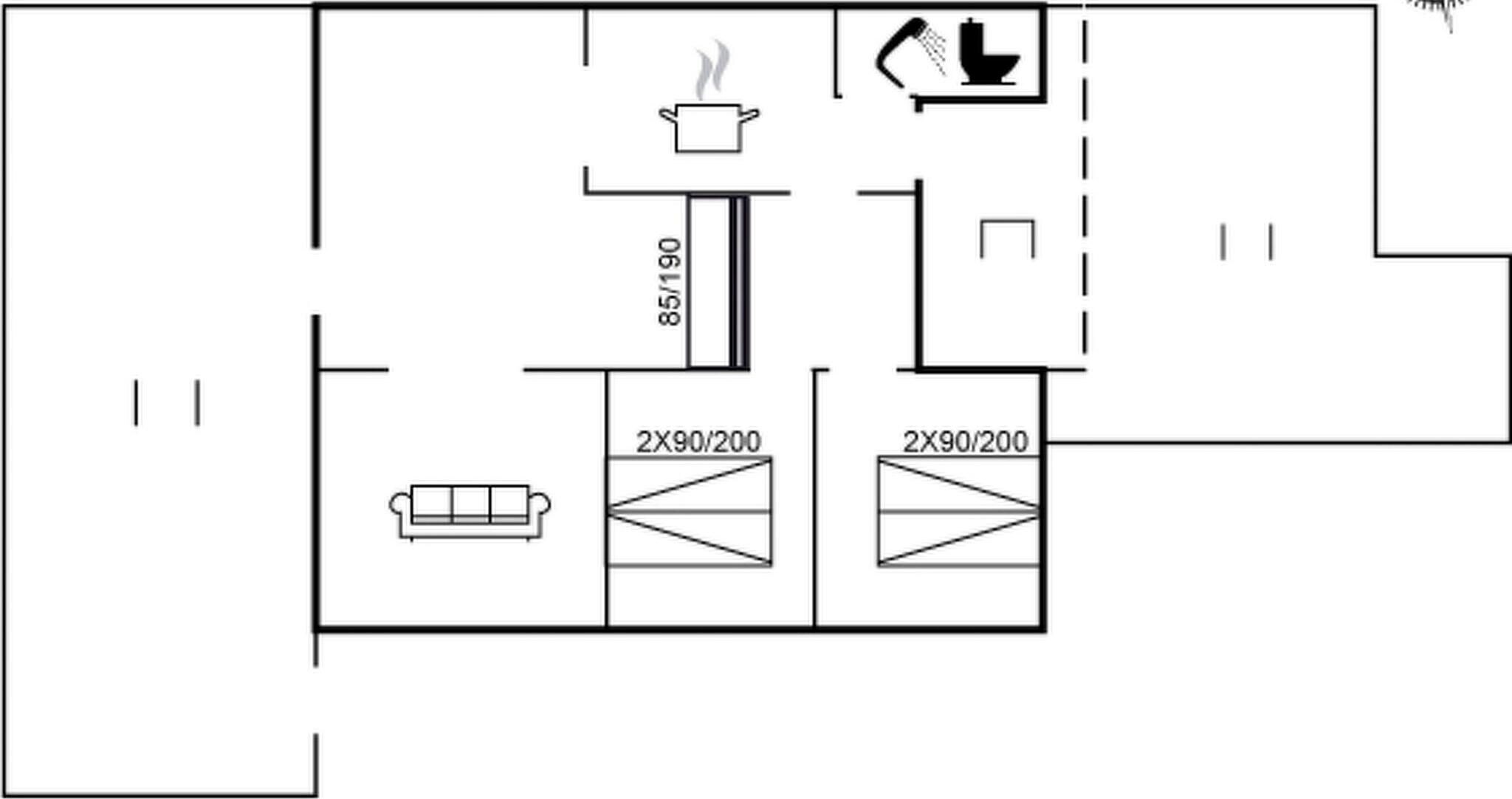 Plano de planta con dos dormitorios, un baño, una cocina y una sala de estar.