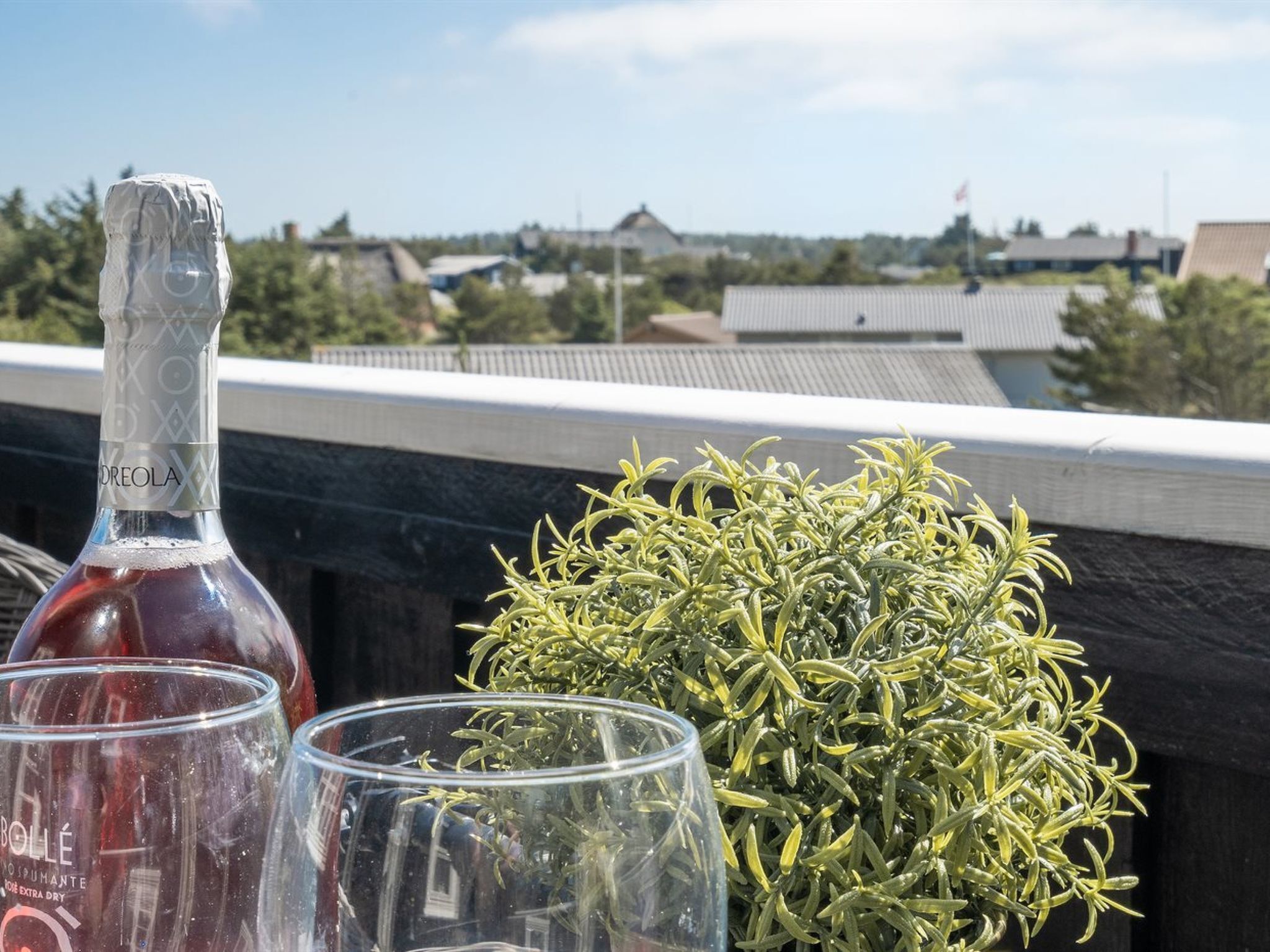 A bottle of red wine, a glass, and a potted plant on a balcony with a view of buildings in the background.