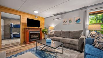 Smart TV, fireplace, video games, foosball