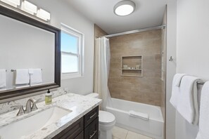 Condo, Multiple Beds, Balcony, Partial Ocean View (Seafaring Sweet Dreams) | Bathroom | Combined shower/tub, hair dryer, towels - Seafaring Sweet Dreams 5 Minute Walk to Beach! (Oceanside)