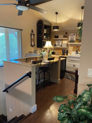 Fridge, microwave, oven, stovetop - Upstairs, tranquil, 1 bedroom unique apartment close to downtown.  (Kerrville)