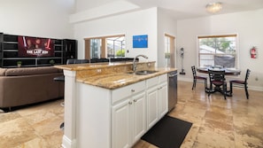 House, Multiple Beds, Pool Access, Pool View | Private kitchen | Fridge, microwave, oven, stovetop