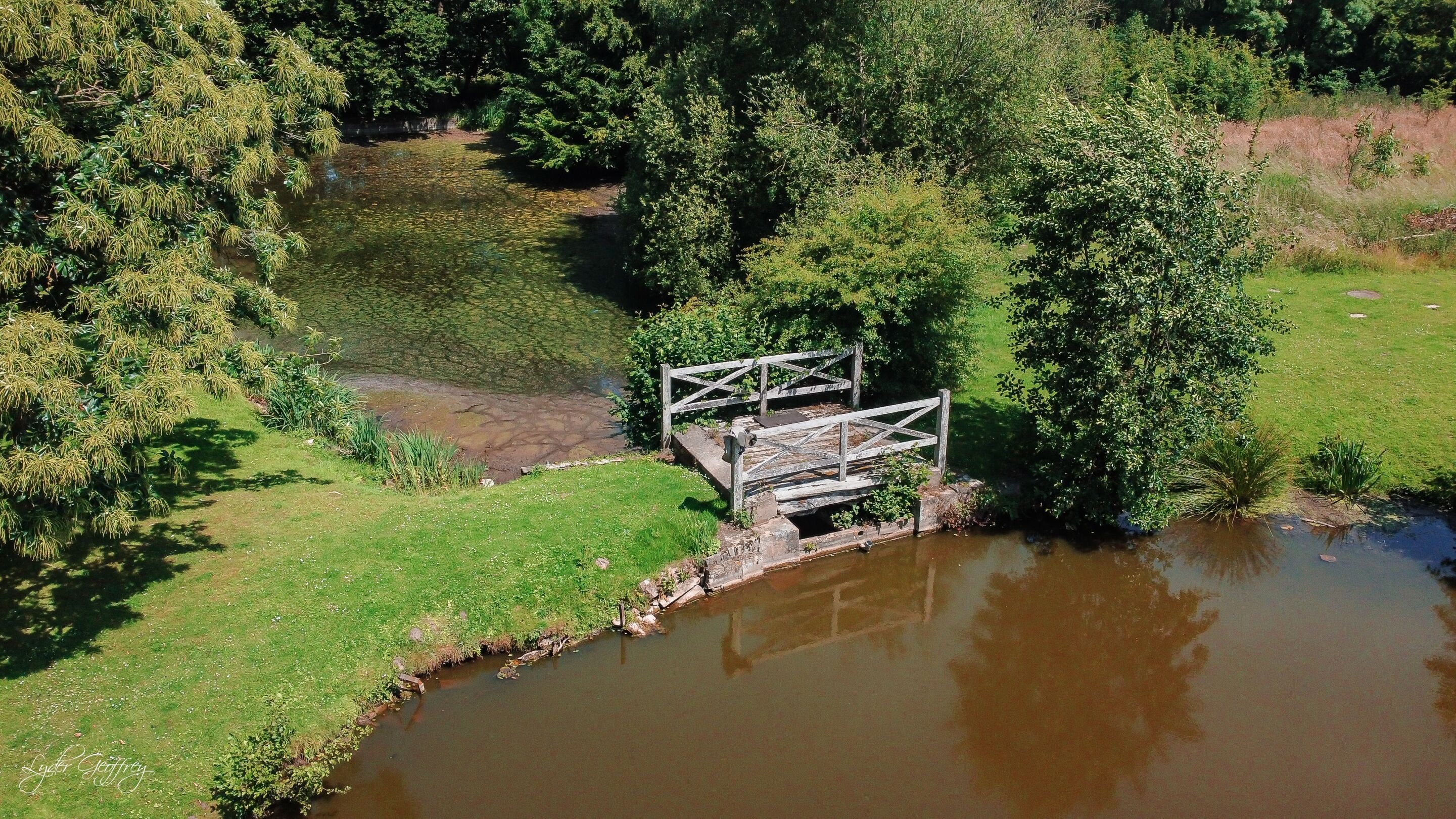 Un petit pont de bois enjambant une rivière paisible, entouré d’une végétation luxuriante et d’arbres.
