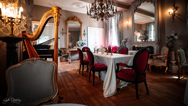 A formal dining room with a grand piano, ornate chairs, and a chandelier.