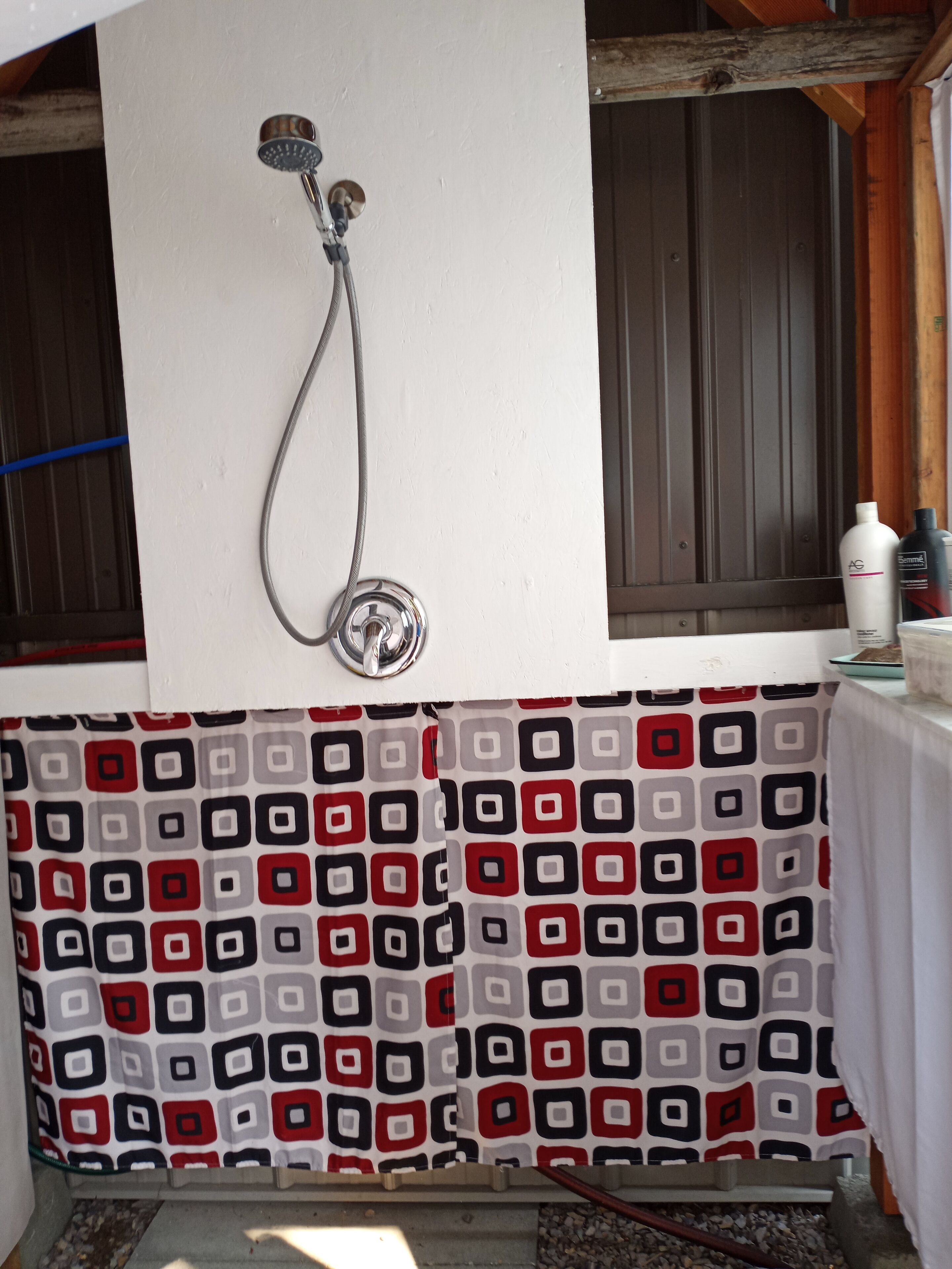 Shower, towels, soap, shampoo