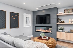 Smart TV, chimenea y libros