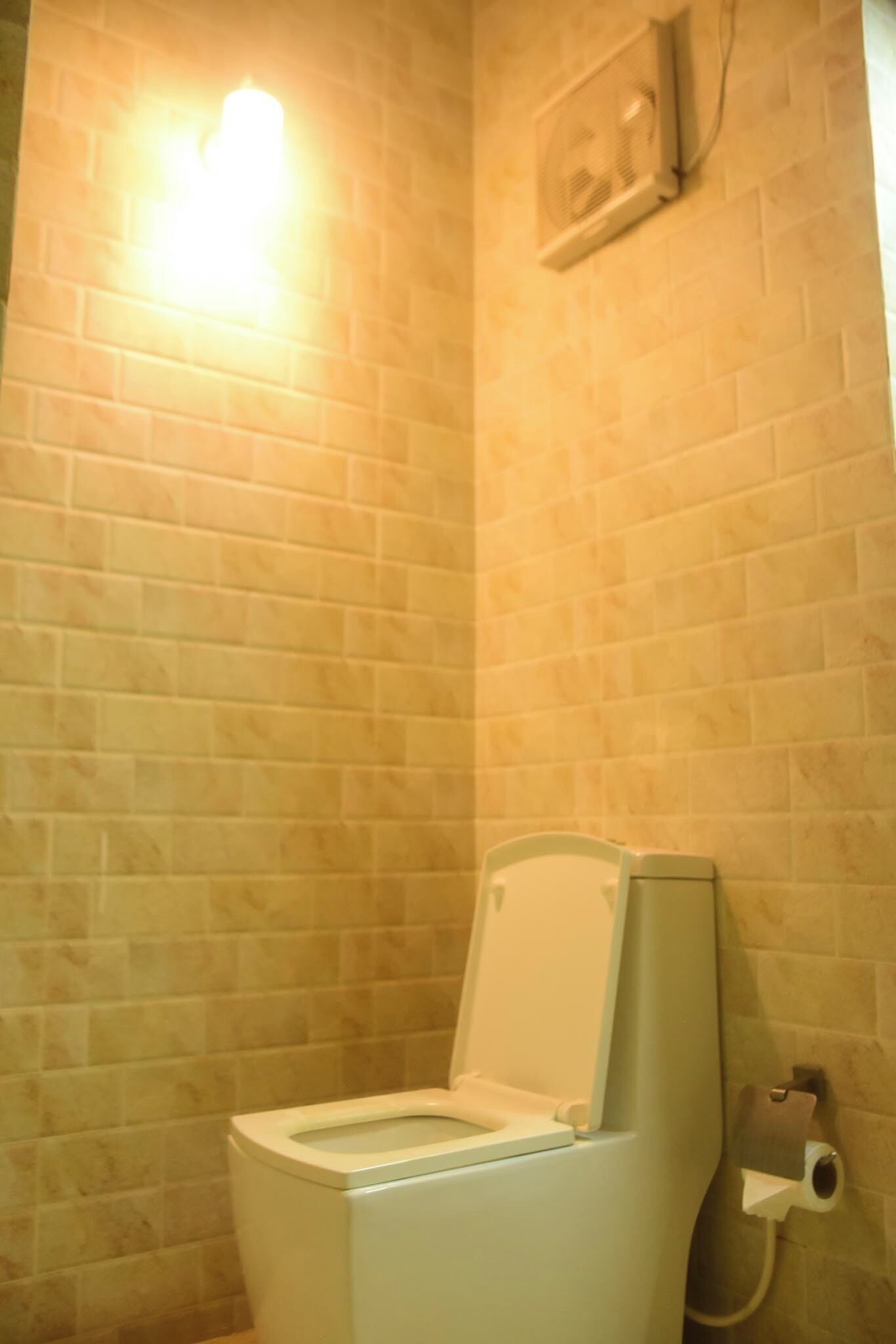 A small, enclosed bathroom with a toilet, a wall-mounted fan, and a light fixture.