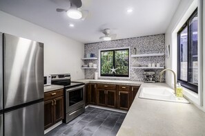 Fridge, microwave, oven, dishwasher