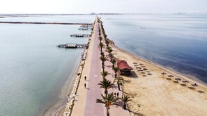 A coastal walkway with palm trees, a beach, and a pier extending into the water. - Casa Winther - Villa med Pool (San Pedro del Pinatar)