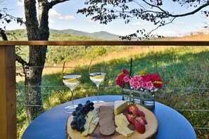 Ein Tisch reichlich gedeckt mit Käse, Trauben, Erdbeeren und Blumen, mit schöner Aussicht im Hintergrund.
