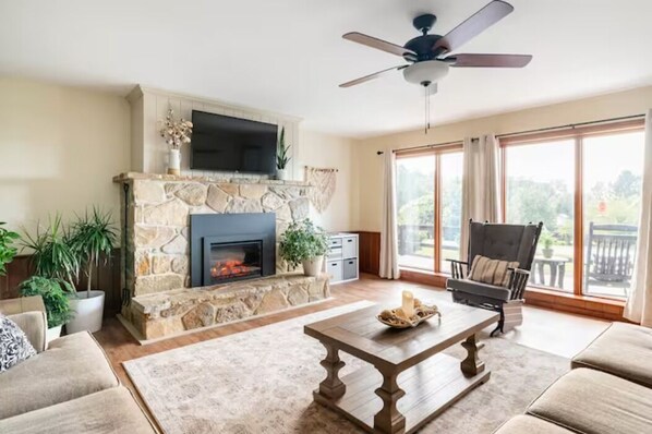 Smart TV, fireplace, books, music library