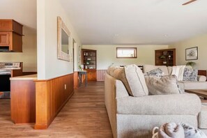 Smart TV, fireplace, books, music library