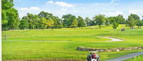 A golf course with a clear path, a pond, and a stone wall.