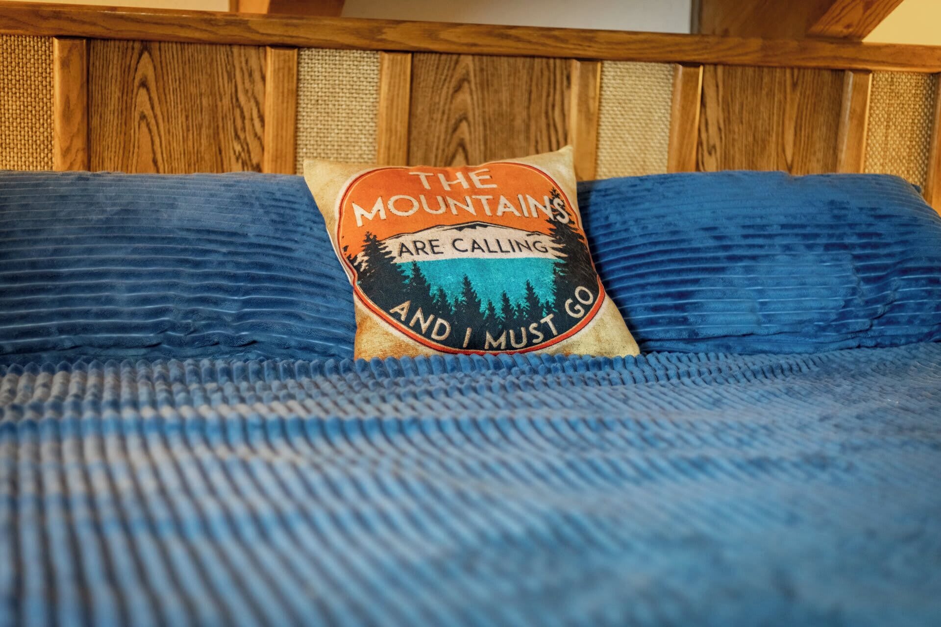 Un divano blu con un cuscino decorato con un motivo a tema montagna.