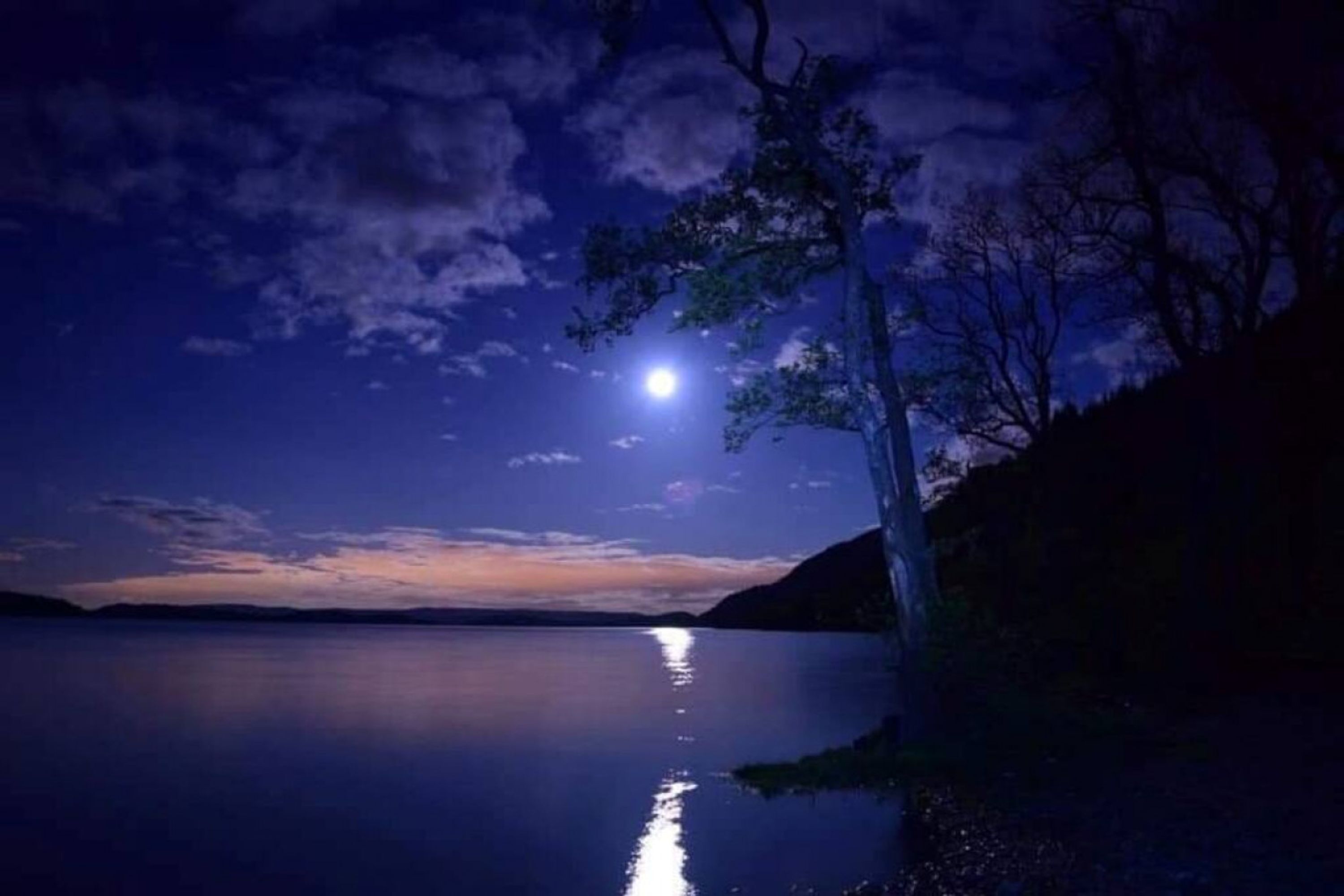 A nighttime landscape with a calm lake reflecting the moon and stars.