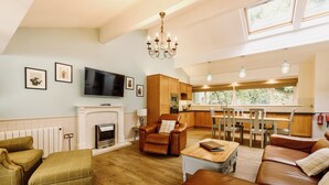 A spacious living room with a fireplace, leather sofas, and a television. - Highland Lodge 41 Loch Rannoch Highland Club (Pitlochry)