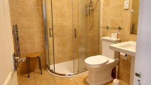 A bathroom with a glass-enclosed shower, a toilet, and a sink. - Highland Lodge 40 Loch Rannoch Highland Club (Pitlochry)