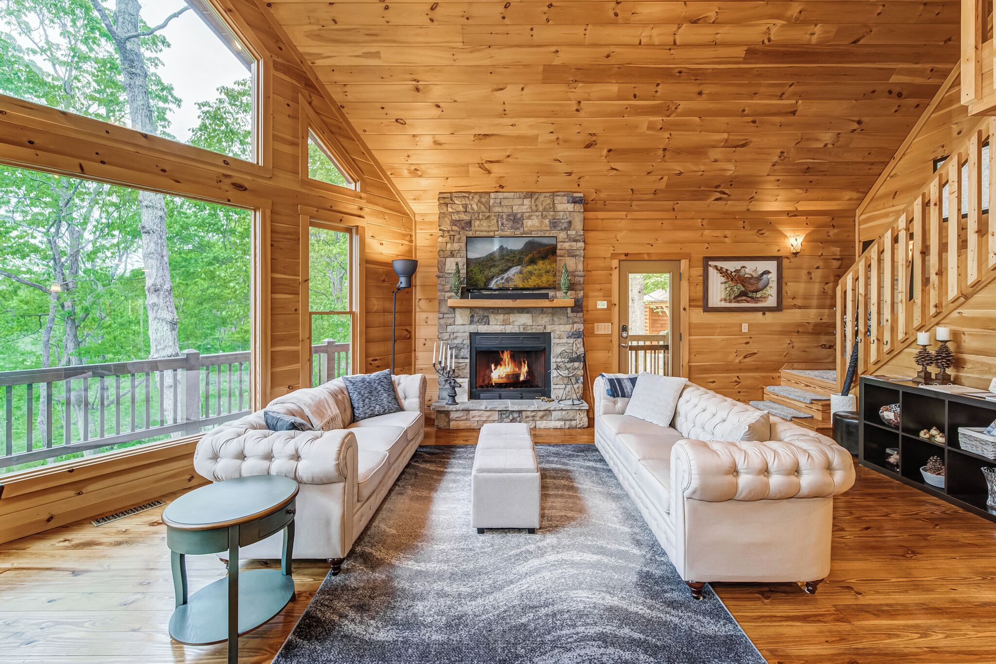 Cabin, Multiple Beds, Hot Tub, Mountain View | Living area | TV, fireplace