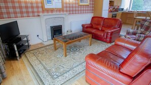 A living room with a fireplace, red leather sofa, and a television. - Highland Lodge 43 Loch Rannoch Highland Club (Pitlochry)