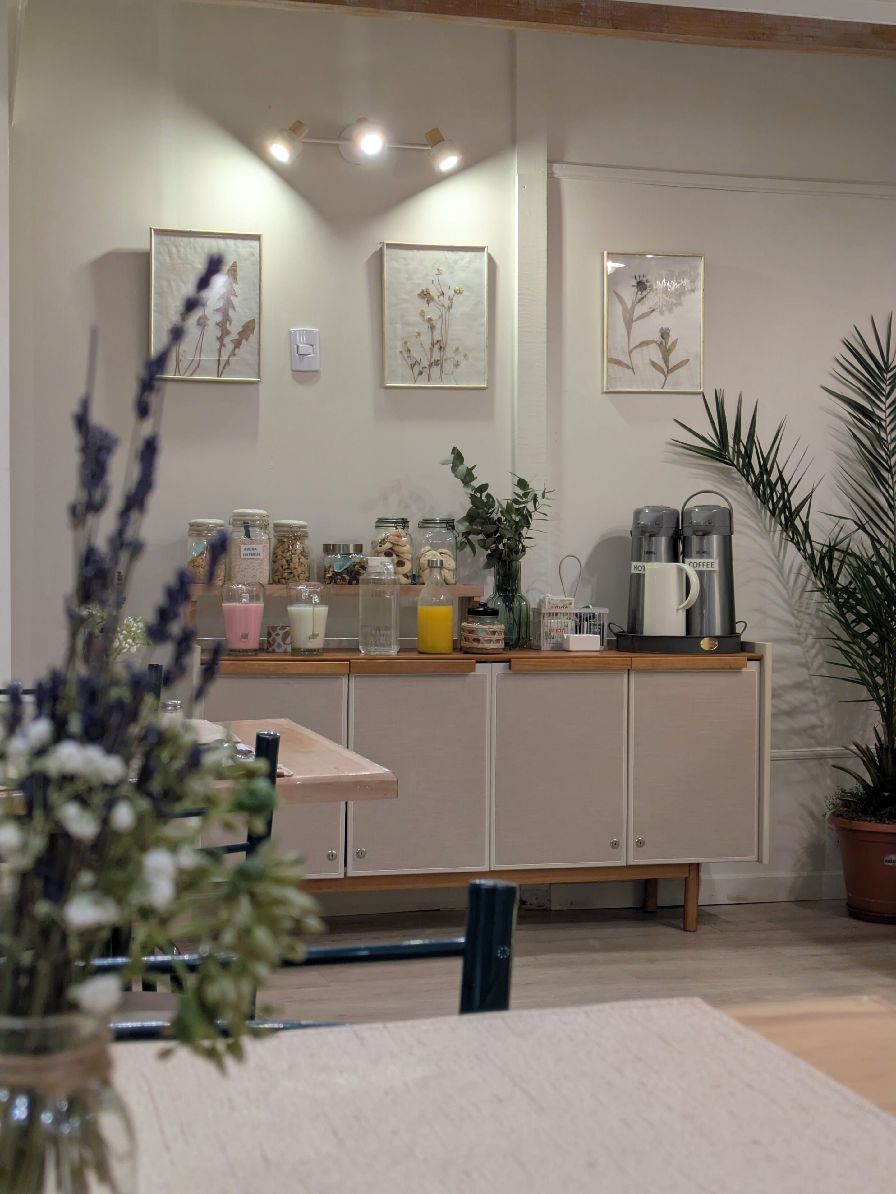 Een keuken met een houten aanrecht, potten, een koffiezetapparaat en een plant in een pot.