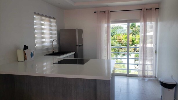 A modern kitchen with a built-in sink, a stainless steel refrigerator, and a view of a garden through large windows.
