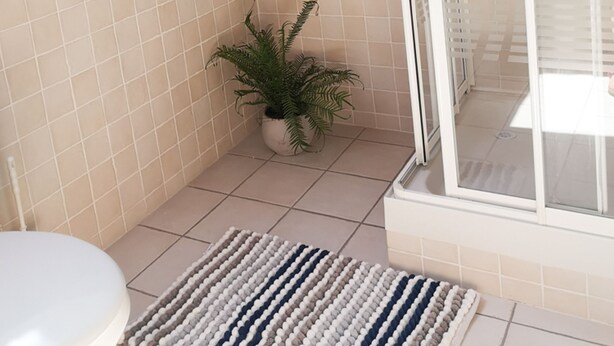 A bathroom with a wooden ceiling, tiled walls, a potted plant, a striped rug, and a shower area. - 4 Bedroomed Holiday Home Close to the Beach (Waterville)