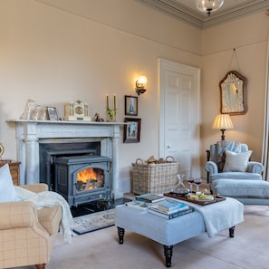 A cozy living room with a fireplace, a comfortable sofa, a reading area with books, and a stylish lamp. - Luxury Country Mansion in West Cork (Bandon)