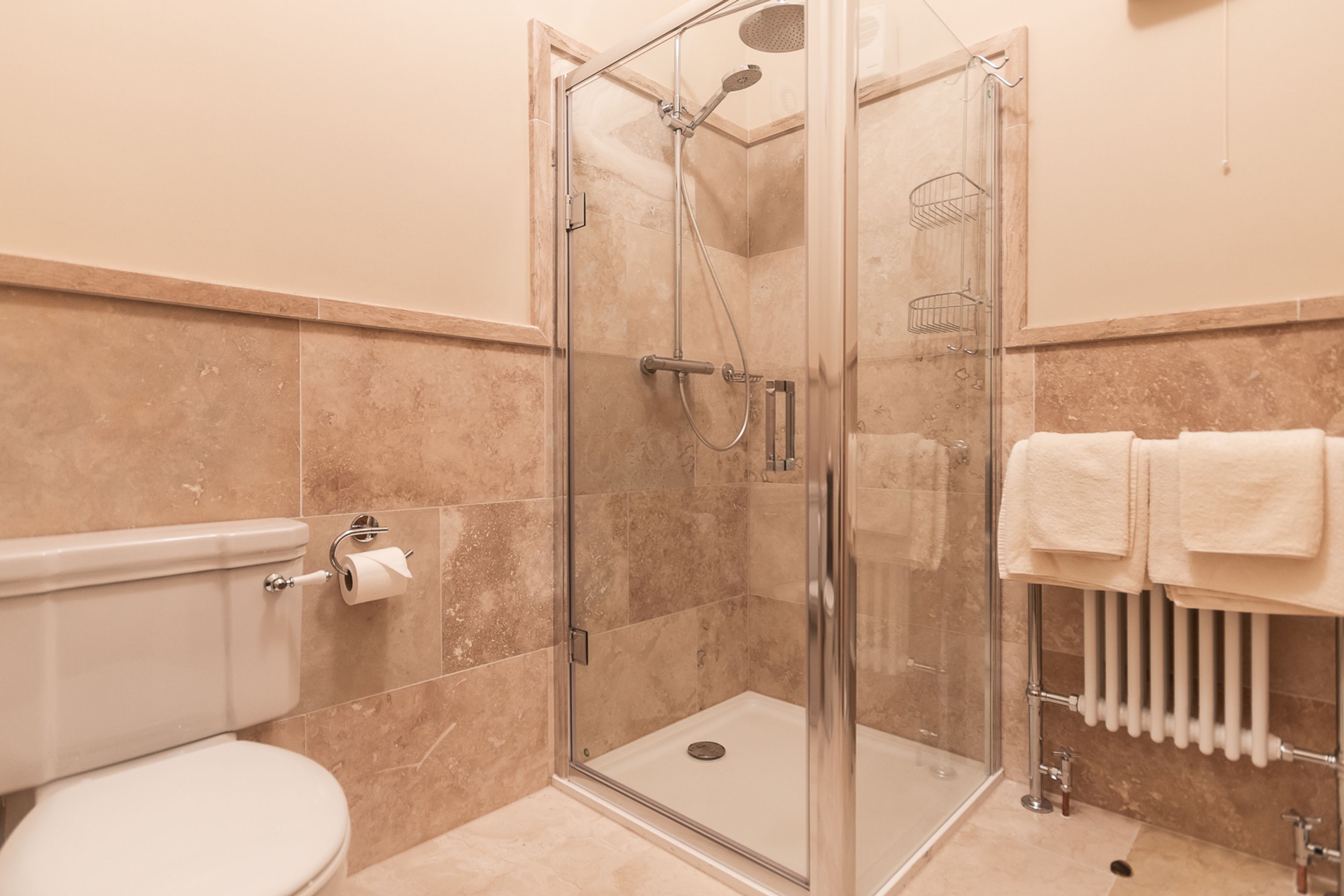 Un espace douche clos par des parois de verre, avec des toilettes et un porte-serviettes dans une salle de bain.