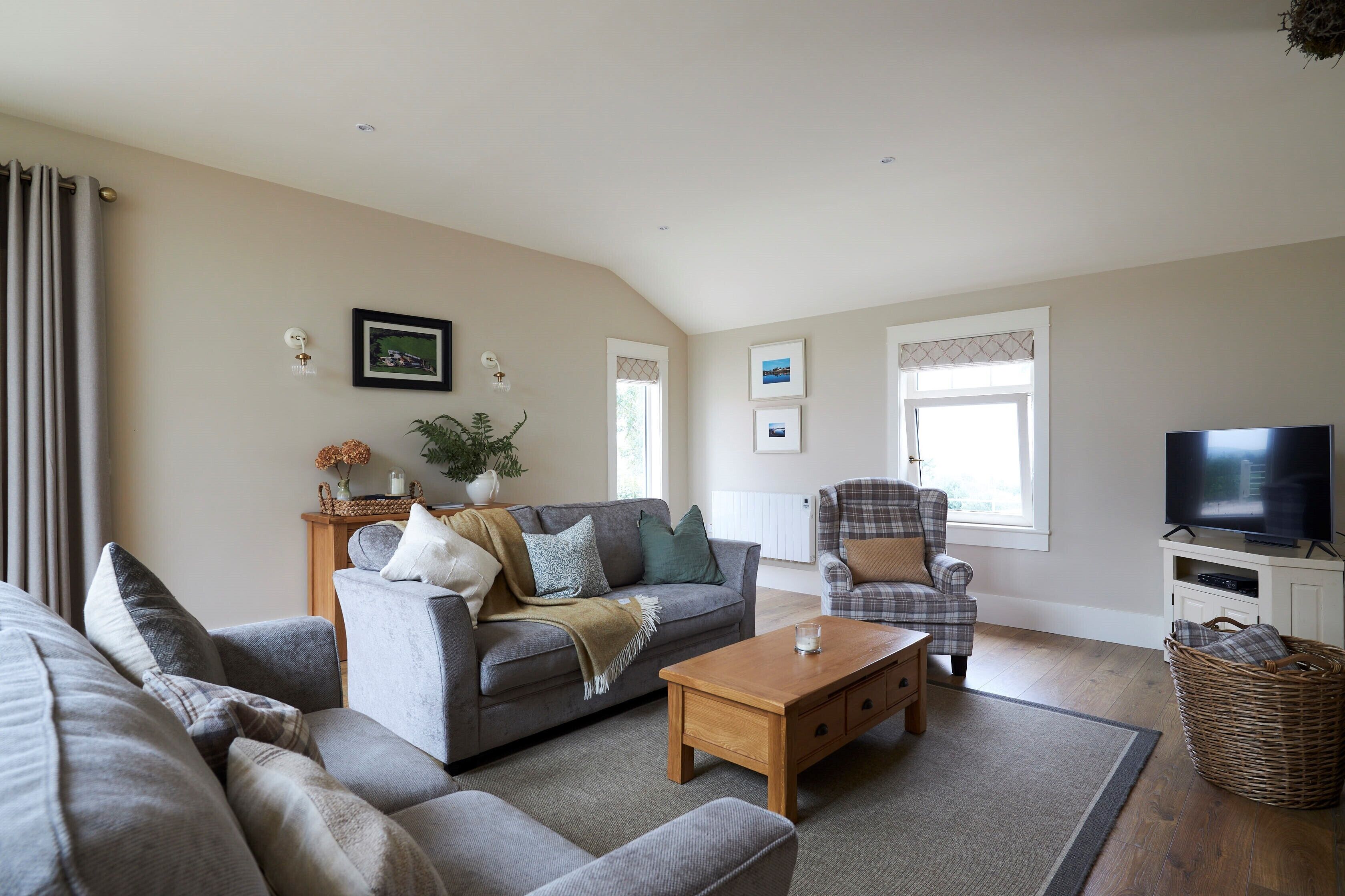 A living room with a sofa, armchair, coffee table, and television.