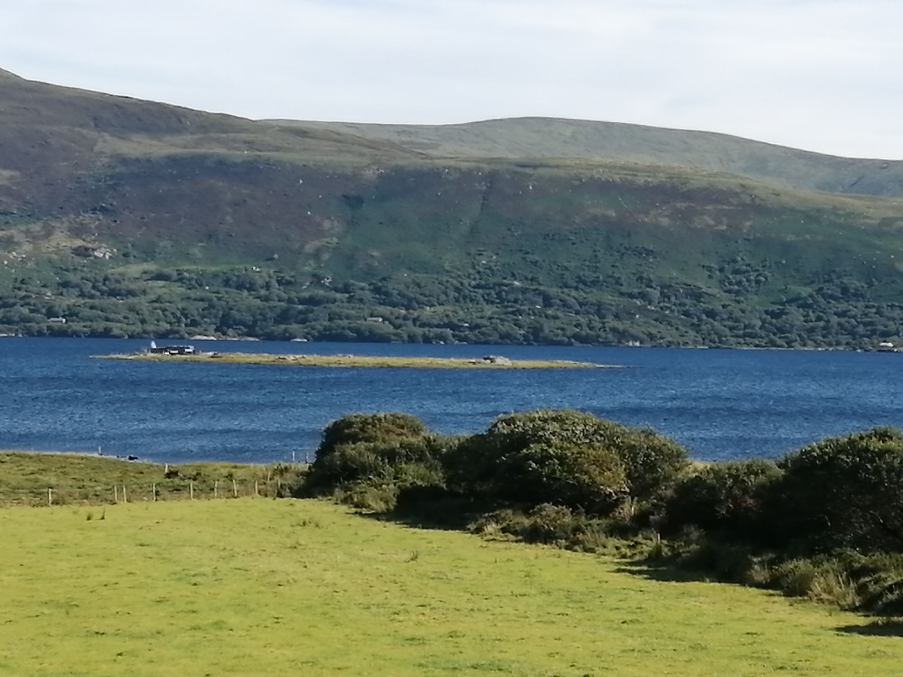 A coastal landscape with a grassy foreground, a body of water, and hills in the background.