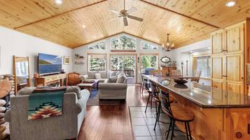 House, Multiple Beds, Hot Tub, Mountain View (Alpine Gem) | Living area | 50-inch flat-screen TV with digital channels, TV, fireplace