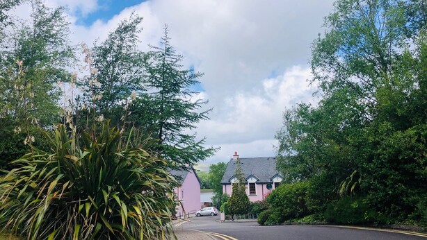 A road leading to a pink house with a grey roof, surrounded by lush greenery and a clear sky.