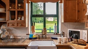 Cozinha com armários de madeira, janela com vista para vegetação, pia e micro-ondas.