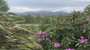A garden with purple flowers and a view of mountains in the background. - 3 Bedroom Home 15 Mins Drive From Kenmare Town (Dawros)