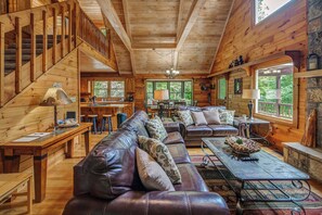 Cabin, Multiple Beds, Hot Tub, Mountain View (Bear Track Falls) | Living area | 50-inch flat-screen TV with digital channels, fireplace - Bear Track Falls Peaceful, Quiet Mtn. Retreat! (Blue Ridge)