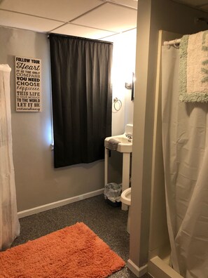 Shower, towels, soap, toilet paper