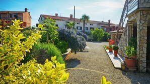 A residential street with houses, a gravel path, and potted plants.