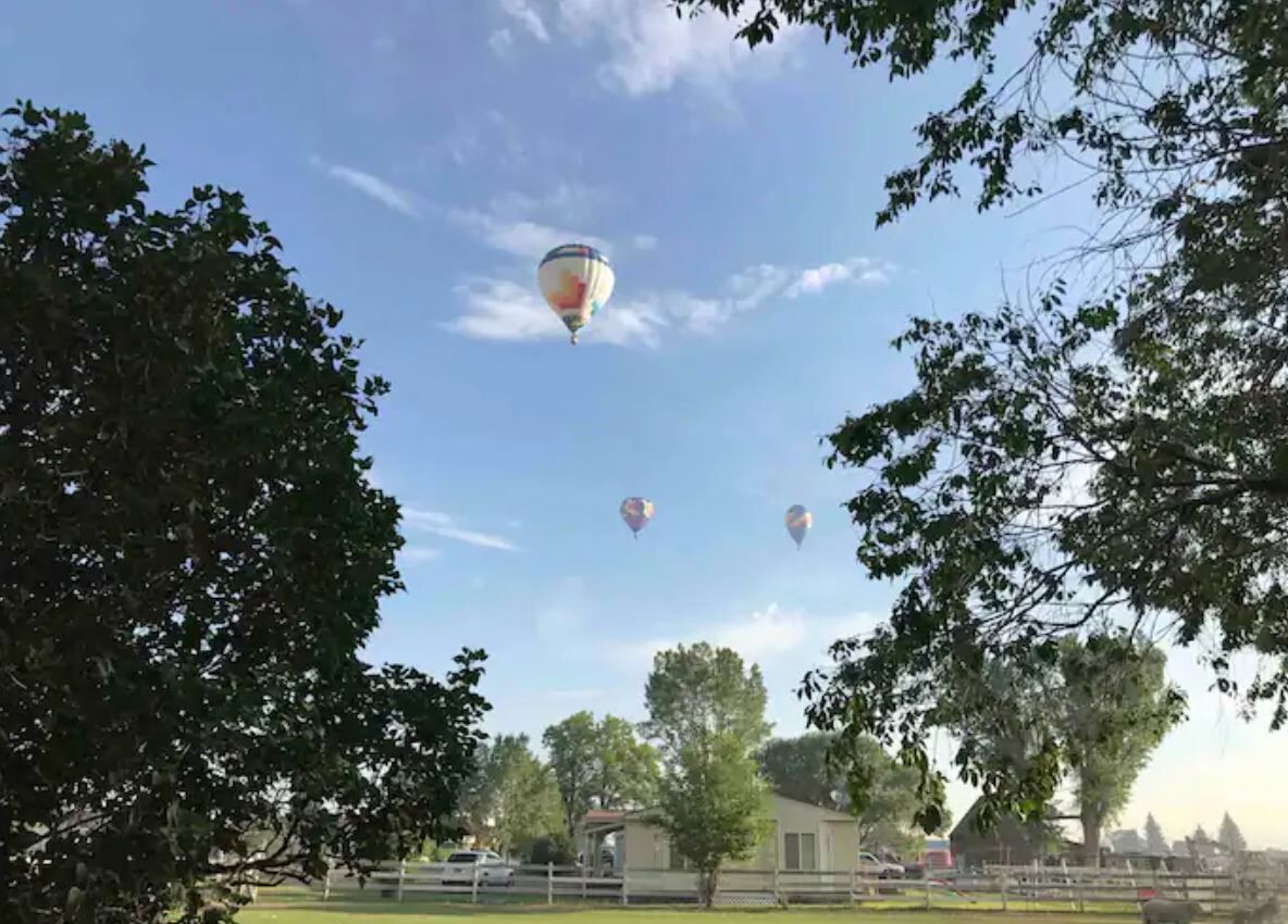 A clear sky with three hot air balloons.