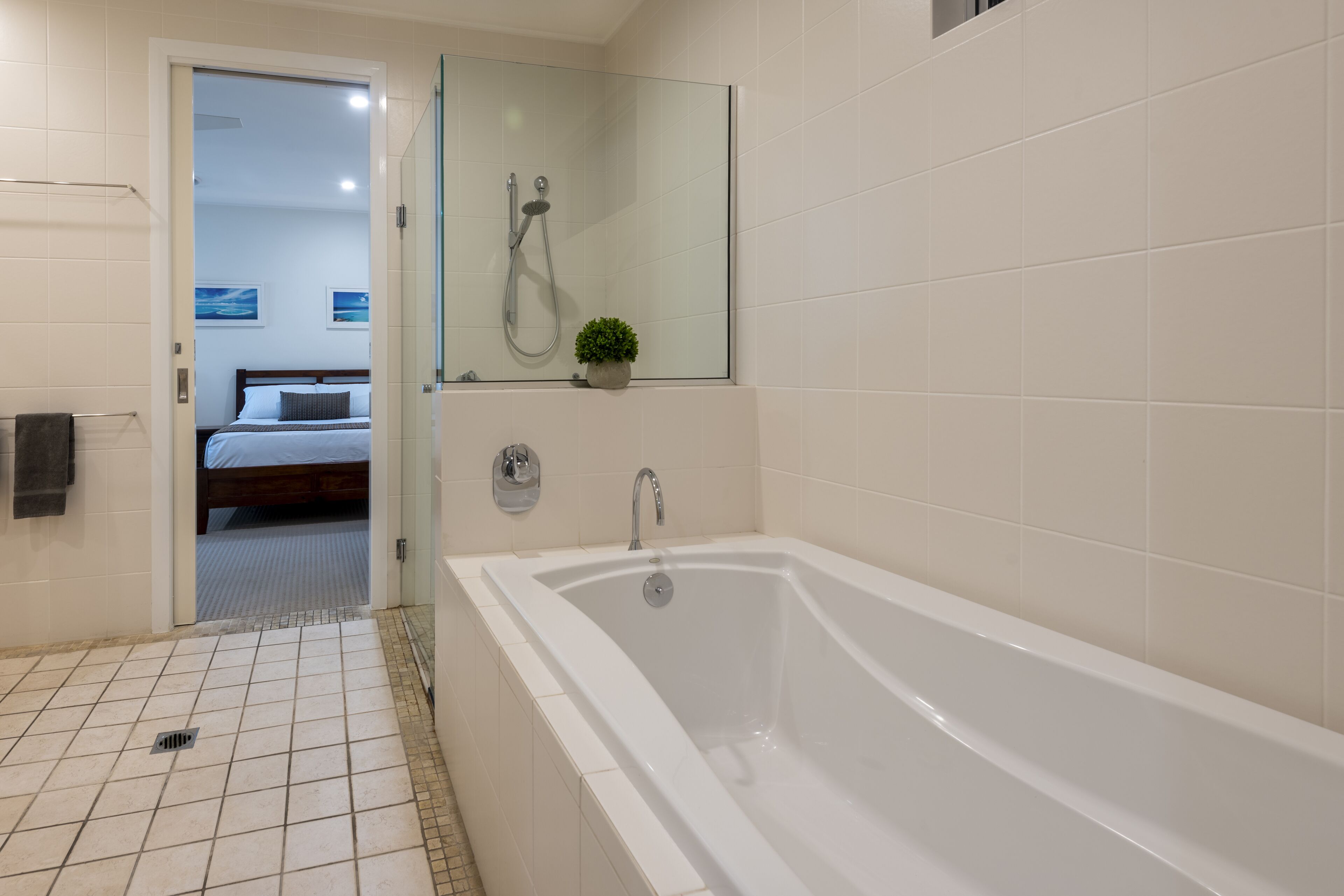 Un baño moderno con una bañera grande, ducha y retrete. Hay una pequeña planta en maceta en la pared sobre la bañera.