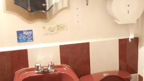 A bathroom with a red sink, two toilets, a mirror, and a shelf with a toilet paper holder. - The Imperial Hostal (Quito)