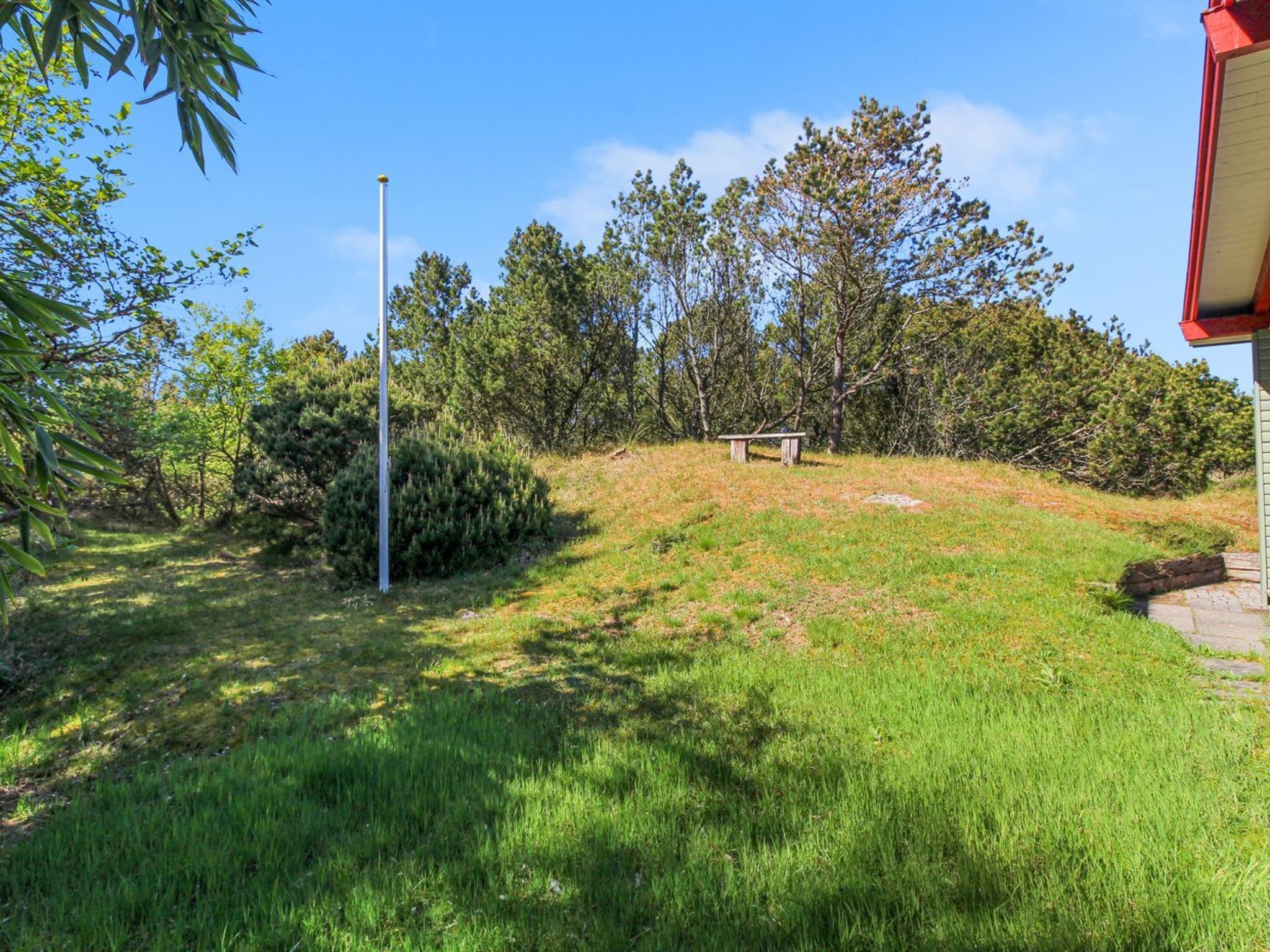 A grassy outdoor area with a bench, trees, and a building with a red roof.
