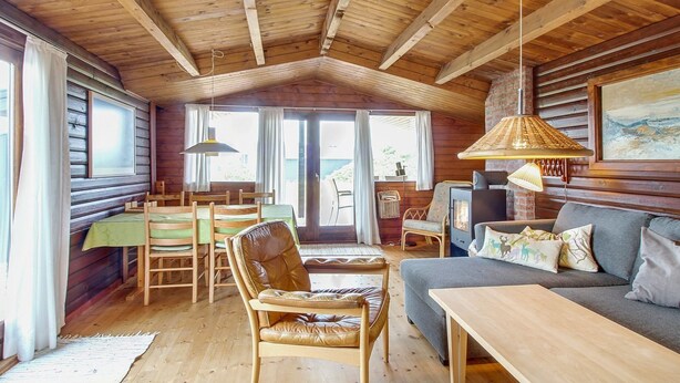 A cozy cabin interior with a wooden ceiling, a sofa, a dining table, and a TV. - "Svenne" - 500m from the sea by Interhome (Ringkøbing)
