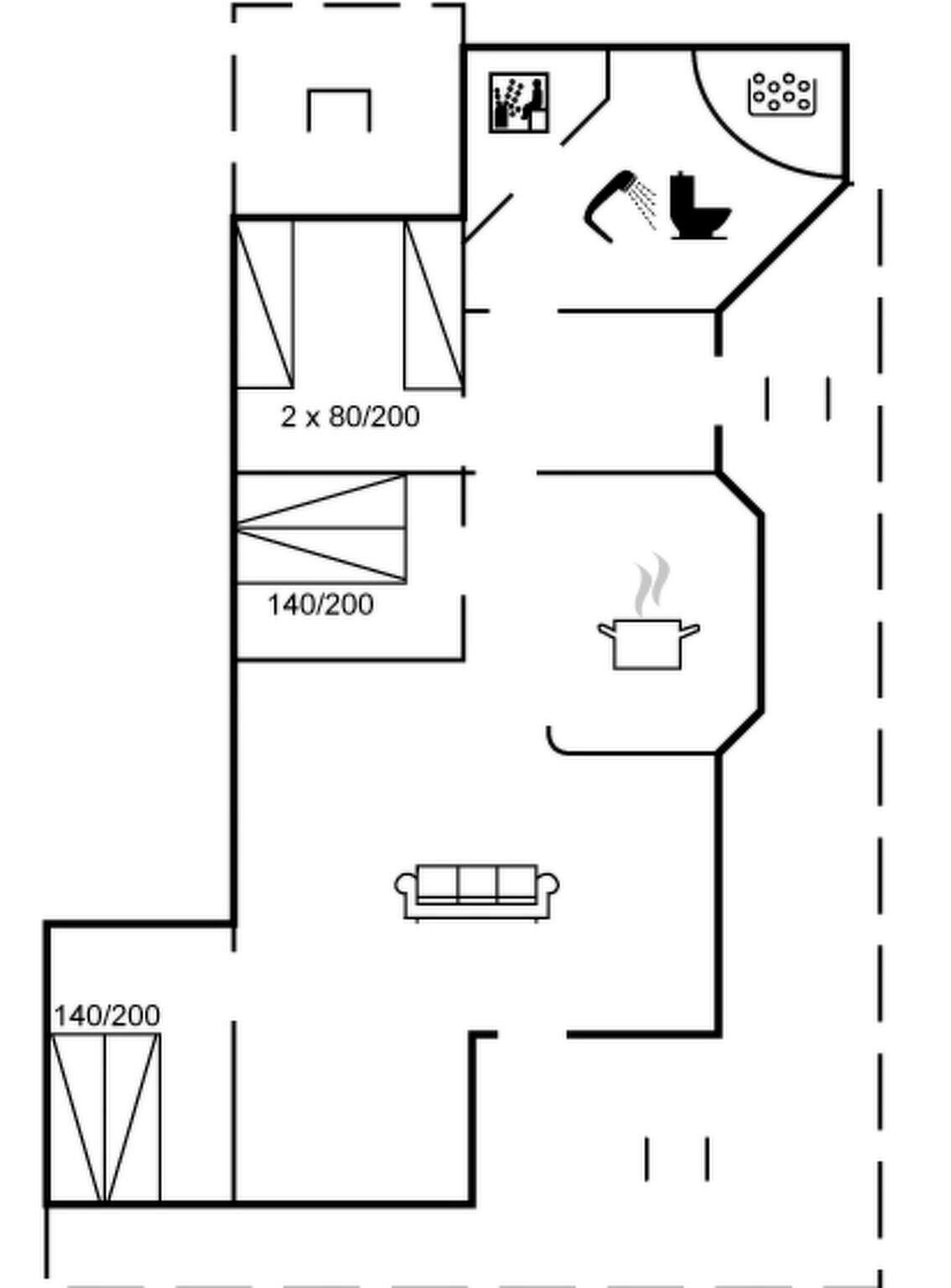 Plano de planta que muestra dos dormitorios, un baño, una cocina y una sala de estar.